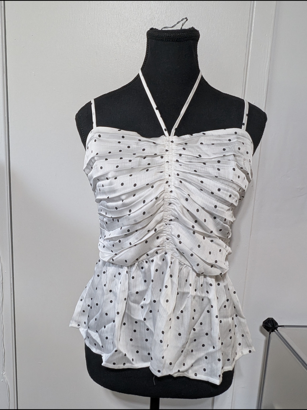 Reitmans White Polka Dot Ruched Halter Peplum Camisole